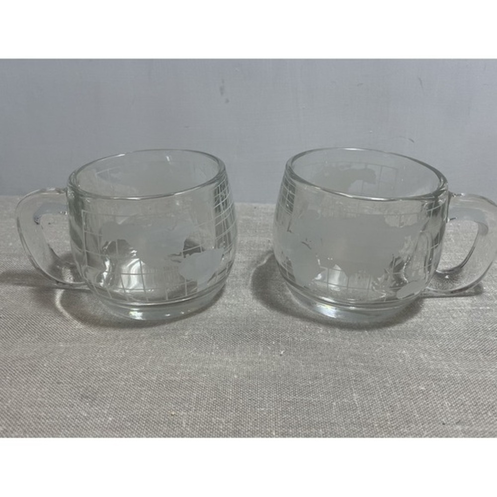 Nestle' Etched Glass World Globe/Map Coffee Mugs Cups Vintage 1970 Set Of 2